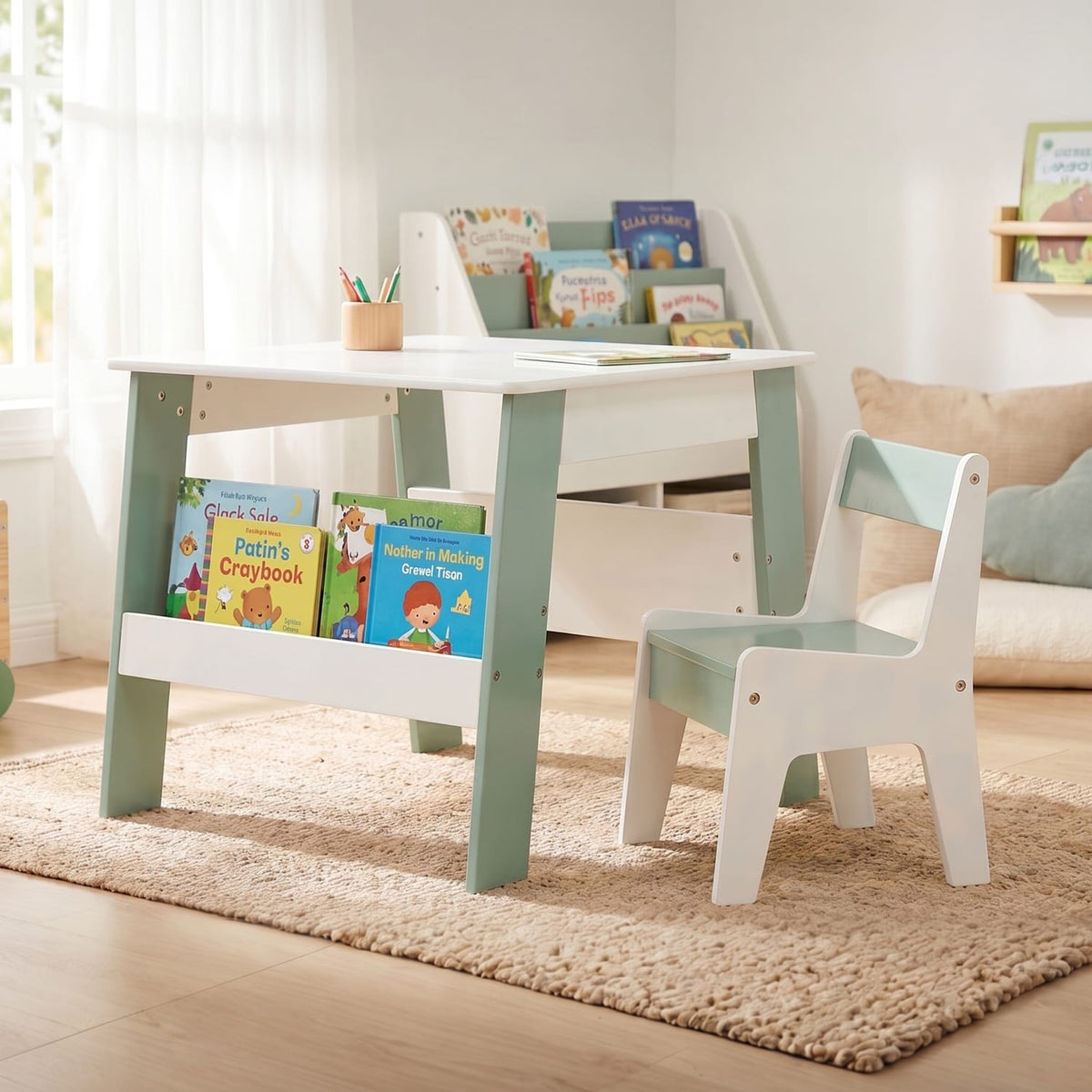 Liberty House Toys Kids Bookshelf Table And Chair - White & Forest Green, product image 3