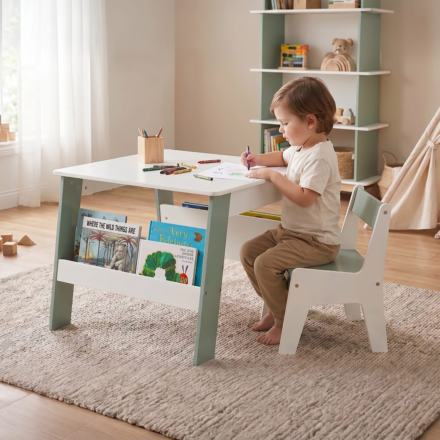 Liberty House Toys Kids Bookshelf Table And Chair - White & Forest Green, product image 9