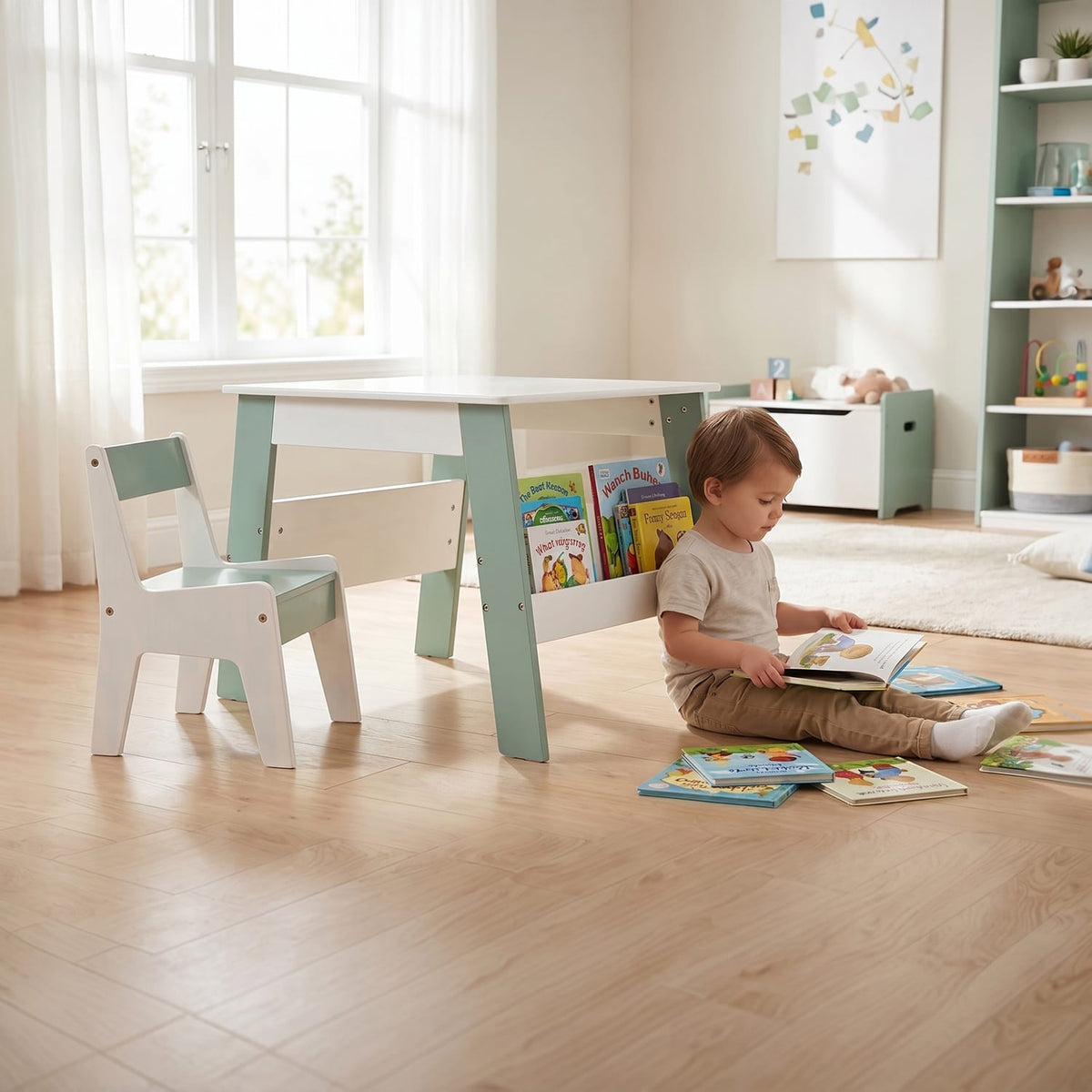 Liberty House Toys Kids Bookshelf Table And Chair - White & Forest Green, product image 8