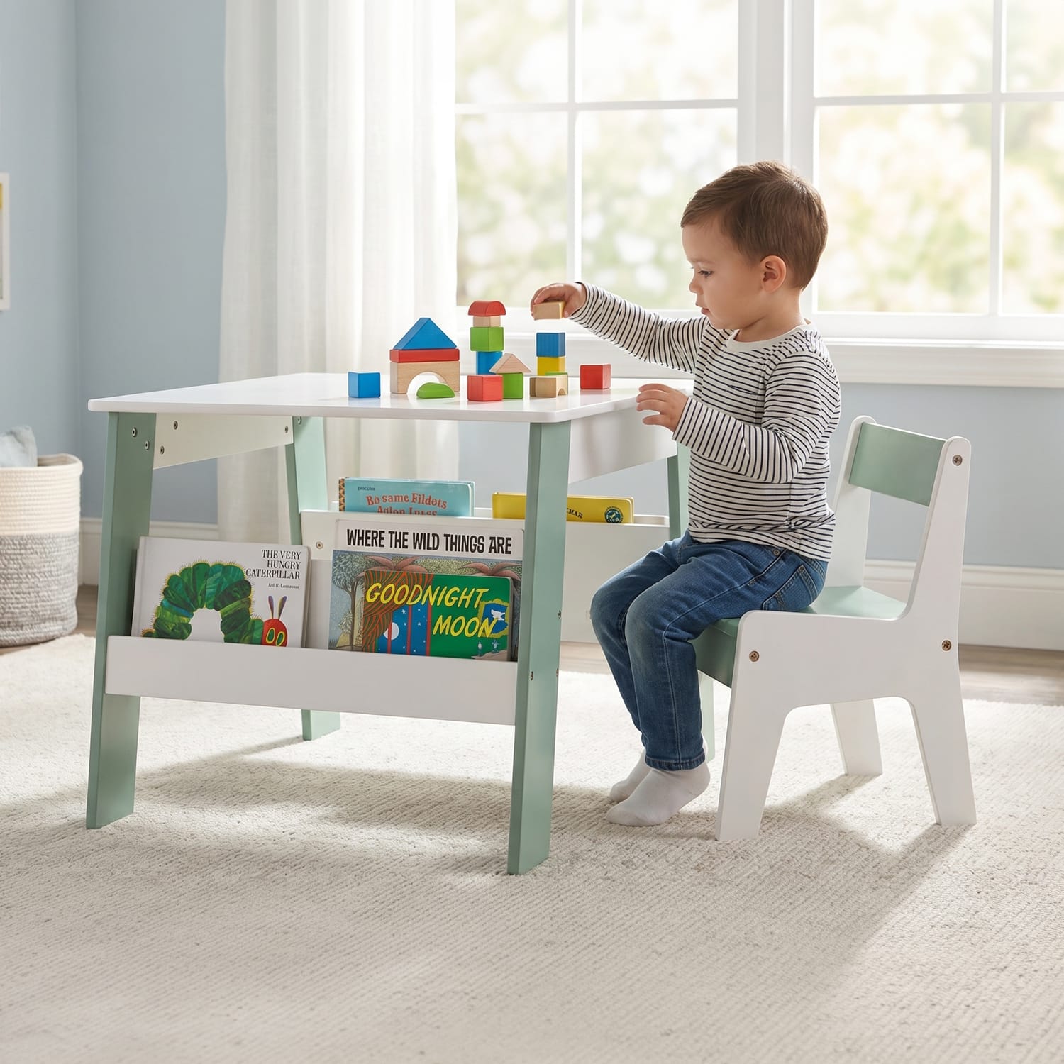 Liberty House Toys Kids Bookshelf Table And Chair - White & Forest Green, product image 4