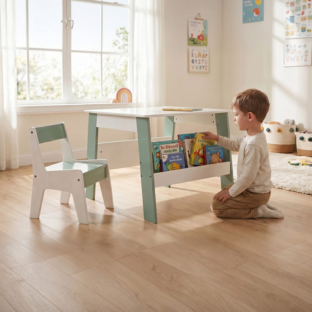 Liberty House Toys Kids Bookshelf Table And Chair - White & Forest Green, product image 6