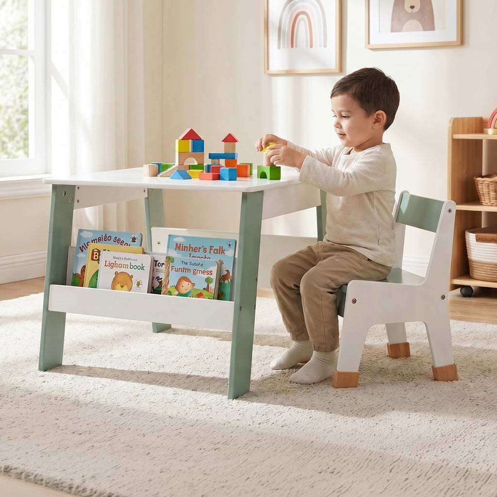 Liberty House Toys Kids Bookshelf Table And Chair - White & Forest Green, product image 7