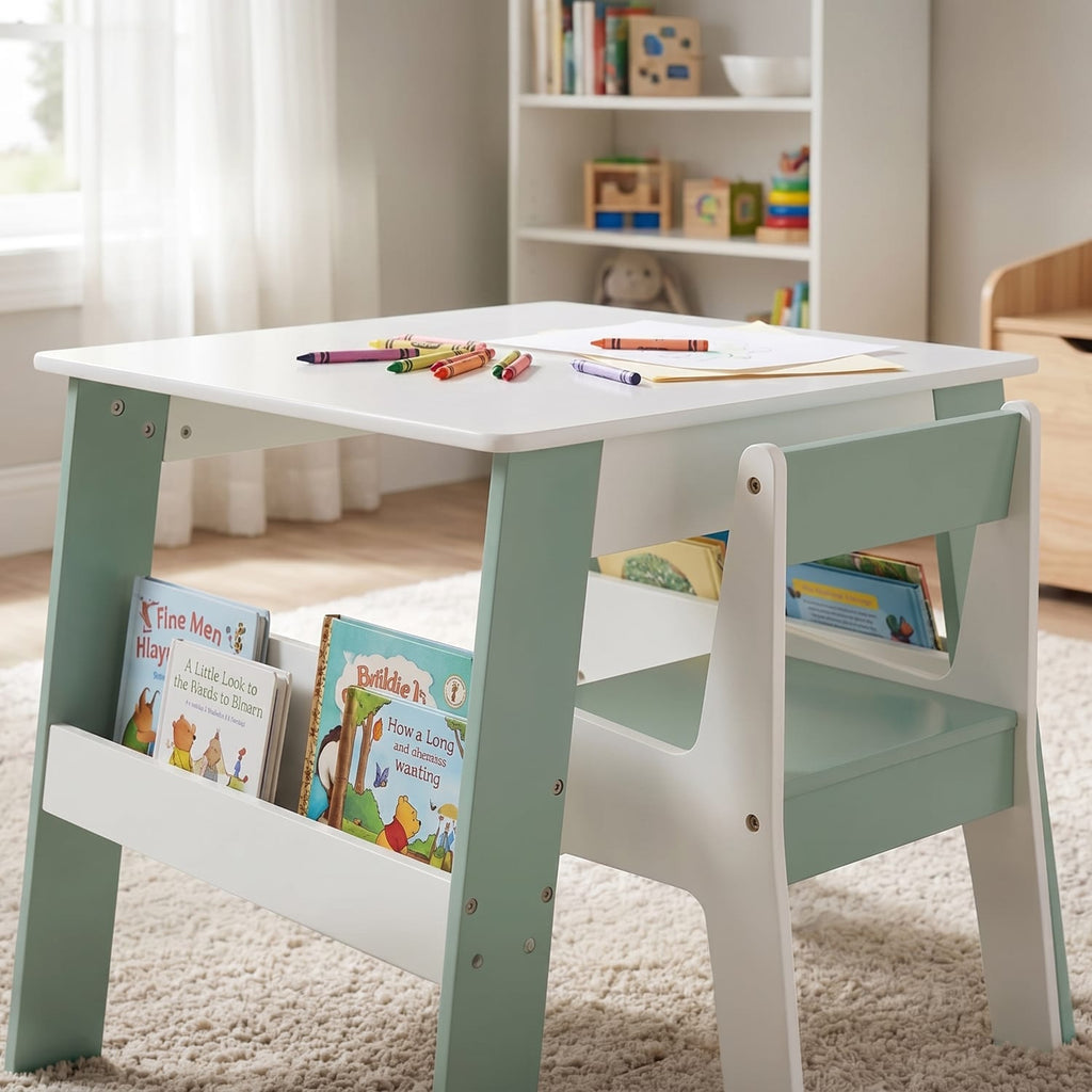 Liberty House Toys Kids Bookshelf Table And Chair - White & Forest Green, product image 14