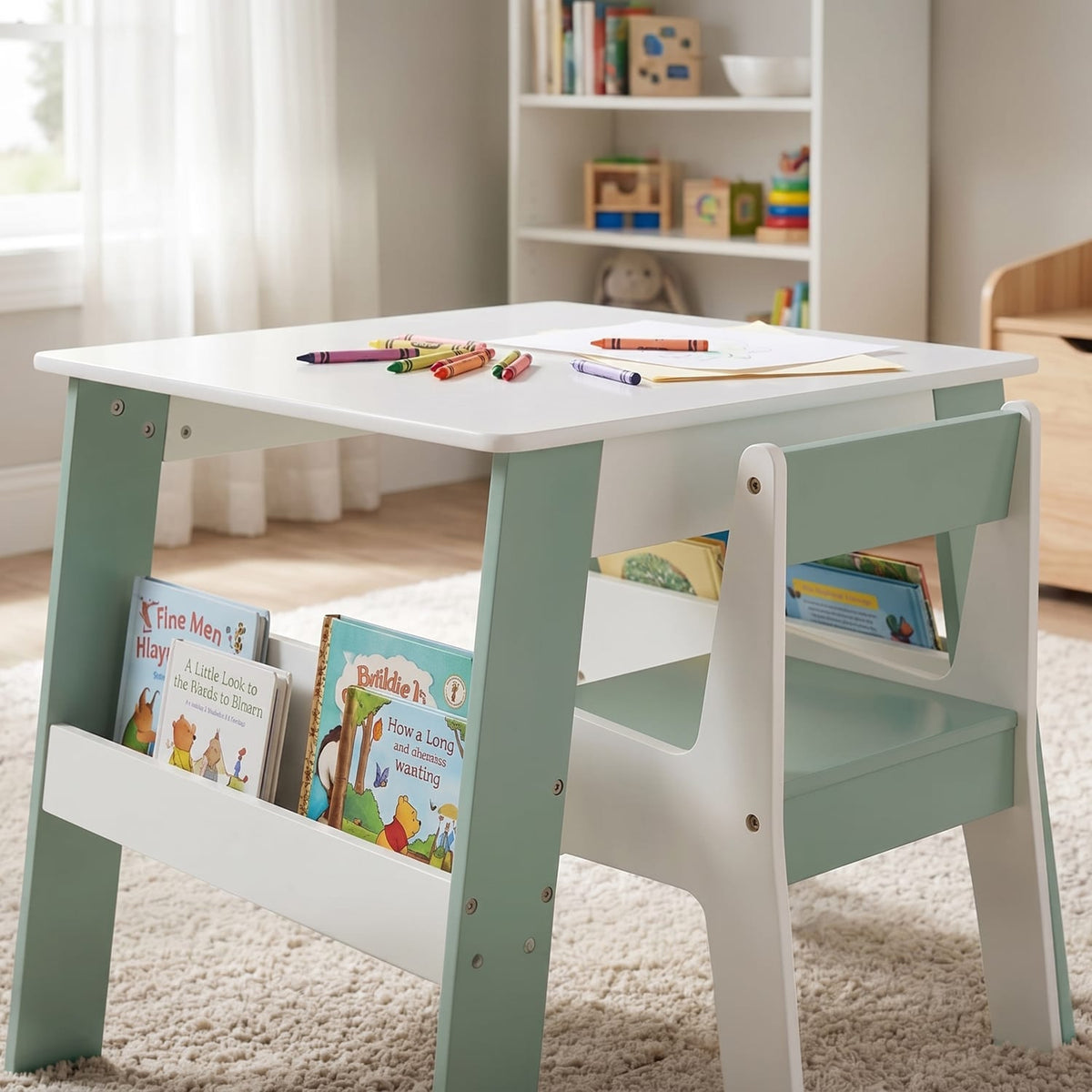 Liberty House Toys Kids Bookshelf Table And Chair - White & Forest Green, product image 14