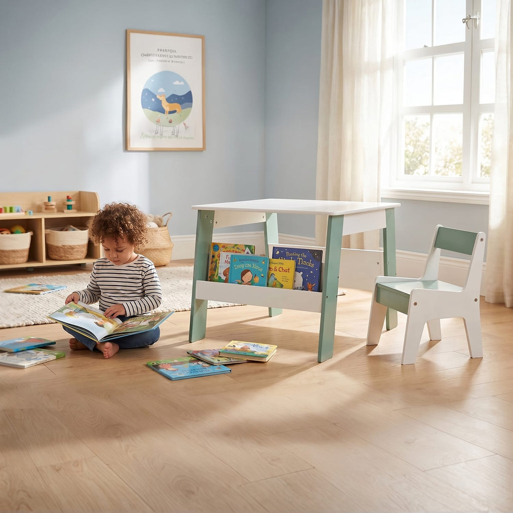 Liberty House Toys Kids Bookshelf Table And Chair - White & Forest Green, product image 5