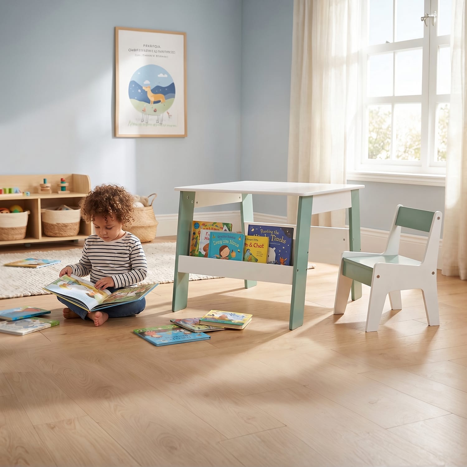 Liberty House Toys Kids Bookshelf Table And Chair - White & Forest Green, product image 5