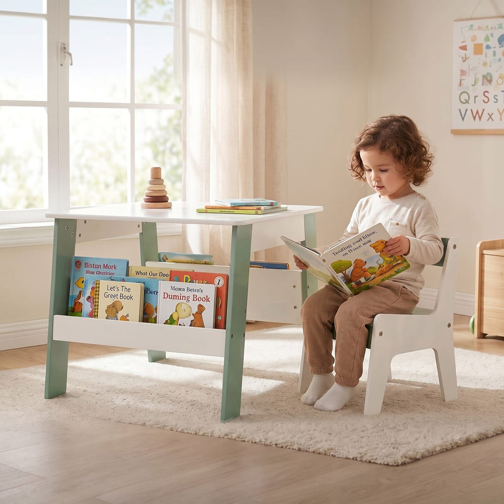 Liberty House Toys Kids Bookshelf Table And Chair - White & Forest Green, product image 11