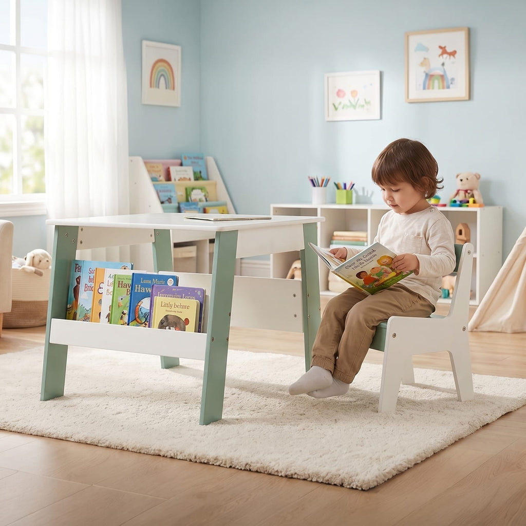 Liberty House Toys Kids Bookshelf Table And Chair - White & Forest Green, product image 10